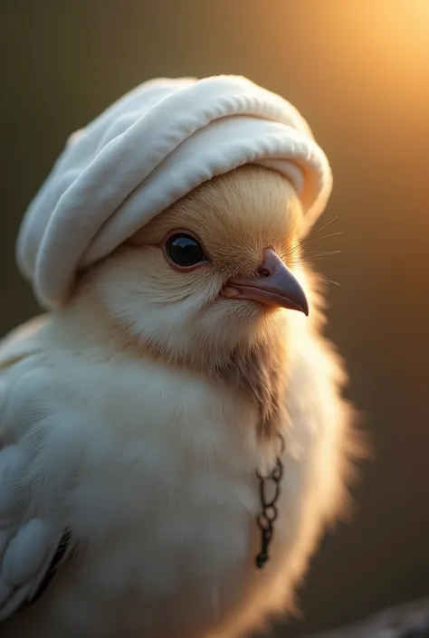 A mesmerizing close-up portrait of a gorgeous little bird illuminated by the soft, golden light of a tranquil morning, with vibr...