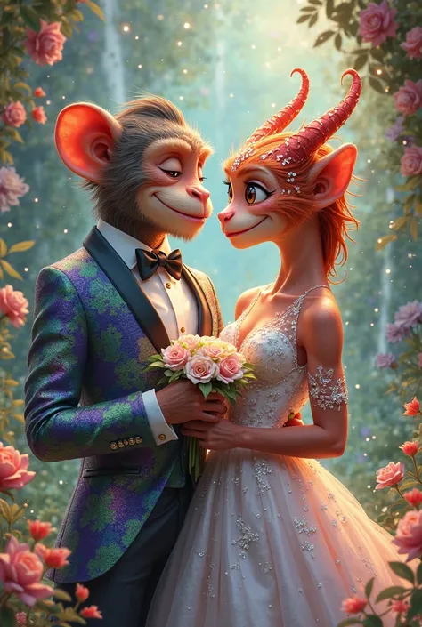 monkey groom in iridescent suit, dragon bride in sparkly wedding dress look at each other laughing