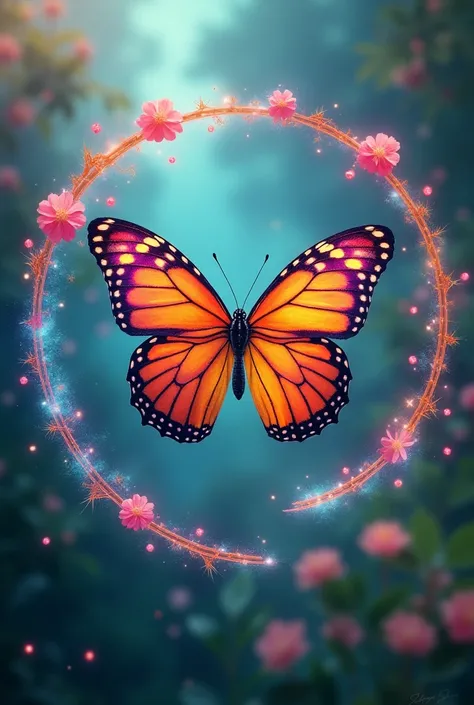 Fly a multicolored butterfly , appears that flies and forms a circle with a trail, Within this circle where the phrase appears i...