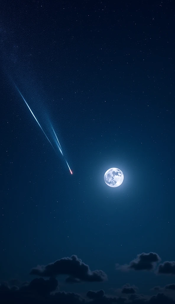 A syntactic picture of a night sky with many stars. On the right side is a full moon that is fully illuminated and in the center...