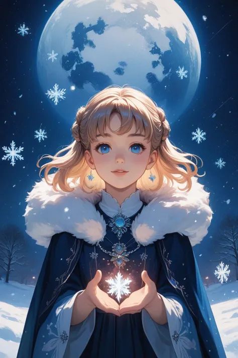 A young girl with an ethereal aura stands under a starry winter night sky, surrounded by softly falling snowflakes. Her eyes spa...