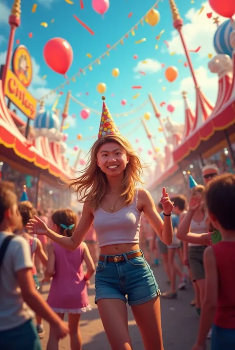 Without changing the image of the person in the picture，Generate a carnival scene where everyone is on the right celebrating the...