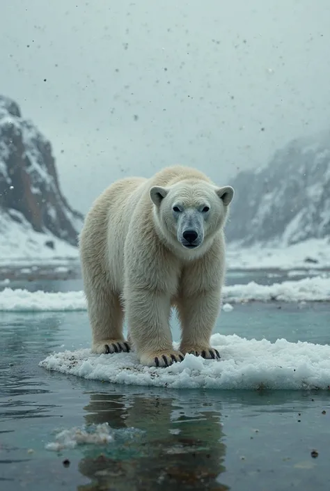 Less ice on top of the dirty water with a polar bear 