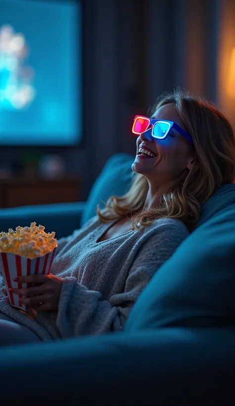 "A highly realistic image of a woman sitting on a cozy couch at night, holding a bag of sweet cinema popcorn in one hand. She we...