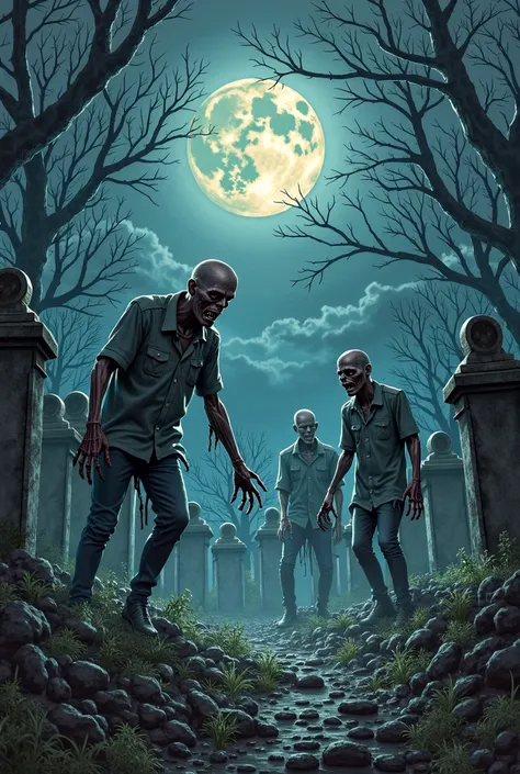 Night cemetery in the moonlight. Zombie hands rise from under the ground. Comic book book 