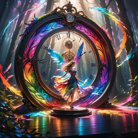 (  only one huge feather is Floating :2,),the feather colored rainbow and floating ),fantasy seen down,(Putty Dark Forest :1.5),...