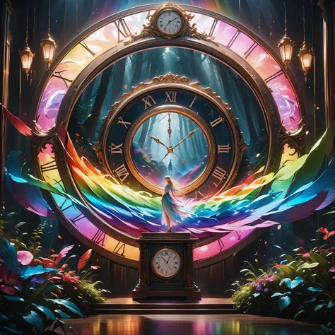 (Only one big feather is floating:2),the feather colored rainbow,That big feather floats in the foreground,fantasy seen down,(Pu...