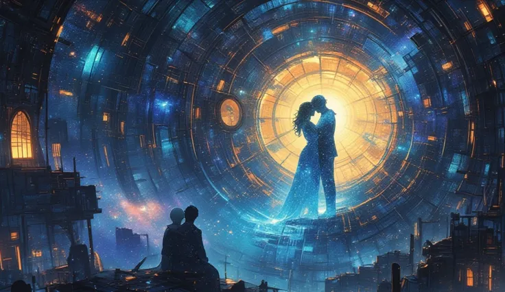 Lovers embracing each other across time and space, One is a holographic young woman, the other an old man. nebula,  galaxy, conf...