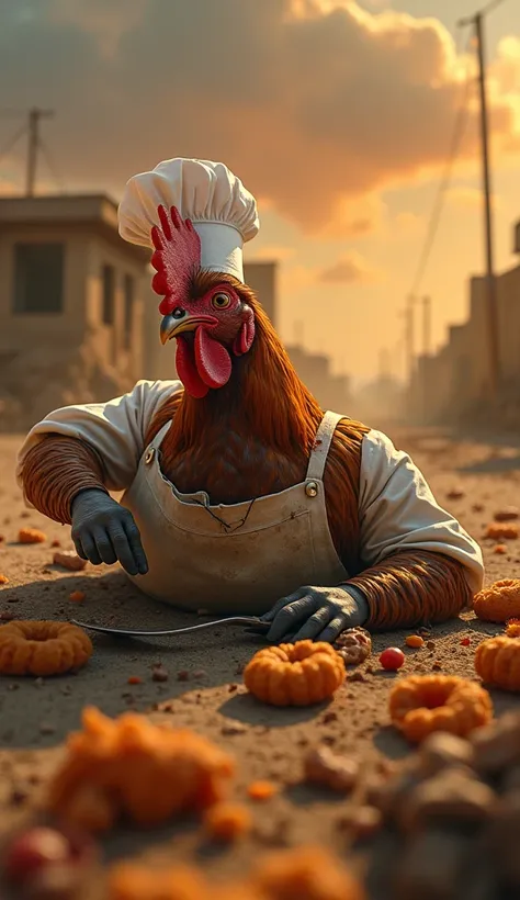 A highly realistic and deeply emotional close-up scene set in a rural Indian village. The focus is on a rooster, dressed as a ch...