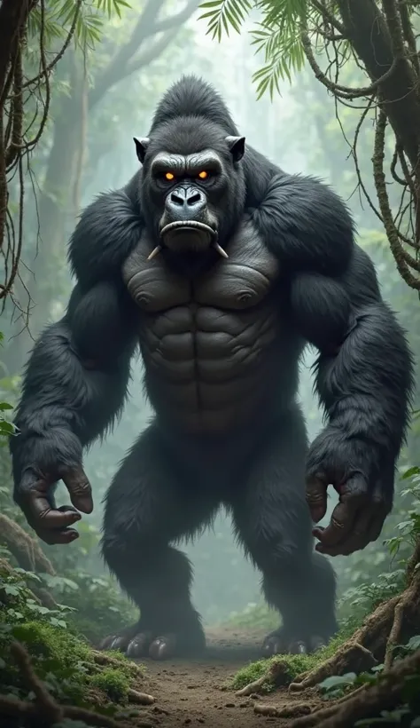 "A powerful hybrid creature stands in the dense jungle, its muscular body resembling a massive gorilla with thick black fur, but...