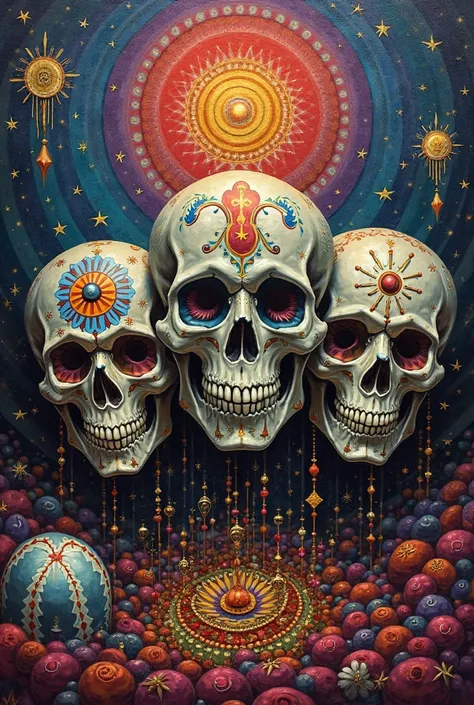 A PICTURE PAINTED WITH MANDALAS 3 MEXICAN SKULLS ONE COVERING THE EYES, THE OTHER THE MOUTH AND THE OTHER THE EARS, NEXT TO IT A...