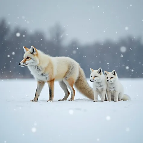 (8k,  photorealistic , Original photo,  highest image quality taken by Ki: 1.4),Arctic fox,3 heads( 1 parent ,2 ren ),Parent and...