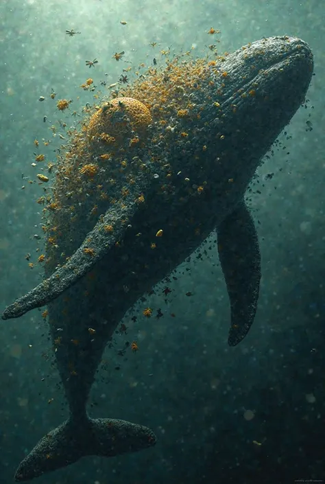 Whale full body cover with millions parasites and bee hive