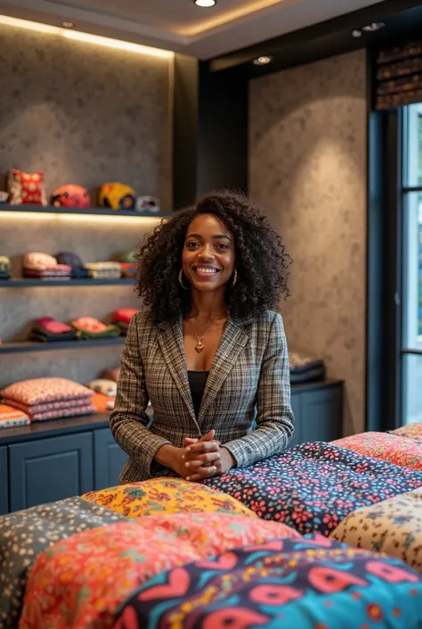 A black woman selling 3d stylish bedsheets at a shop with a logo zamiz fashion
