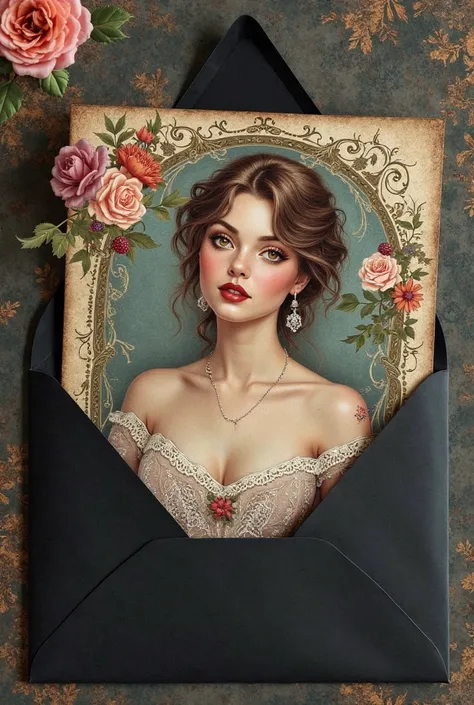 Make me a creative vintage coquette letter card using black envelope