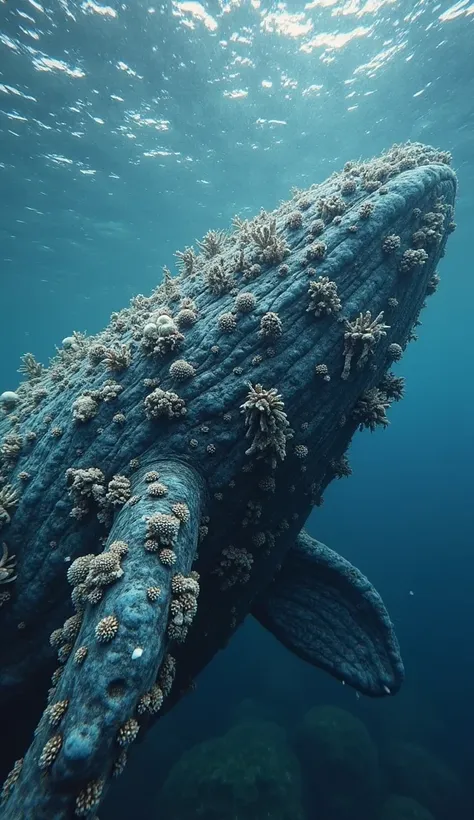 An impressive marine creature, like a whale, with bright dark blue skin covered by natural barnacle formations, shells and organ...