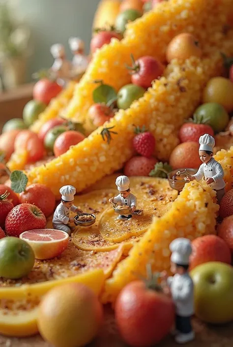 Giant fruit platter with miniature people working on it, wearing white chef hats and uniforms, captured in macro photography sty...