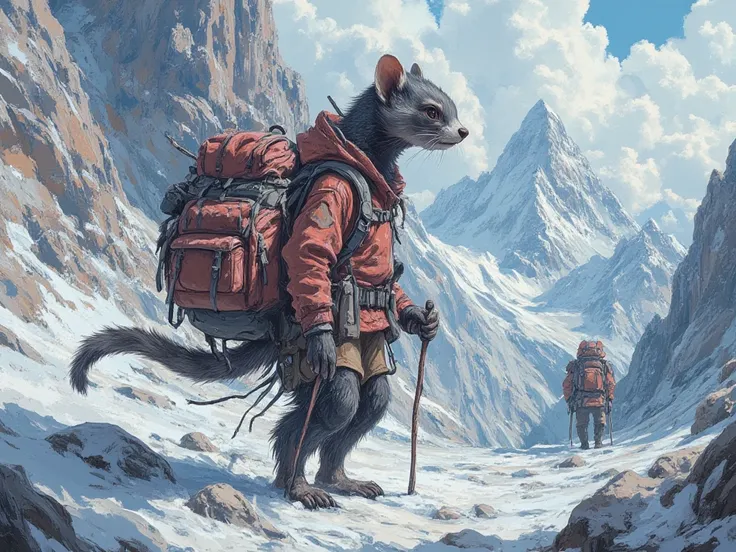a ferret with an extremely long neck, wearing a gigantic backpack, hiking on snowy mountain,  In fantasy art style, masterpiece,...
