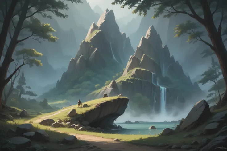 (A murmuring stream from left to right ford, stones sticking out through the clear water), ( high quality), (  Masterpiece ), ( ...