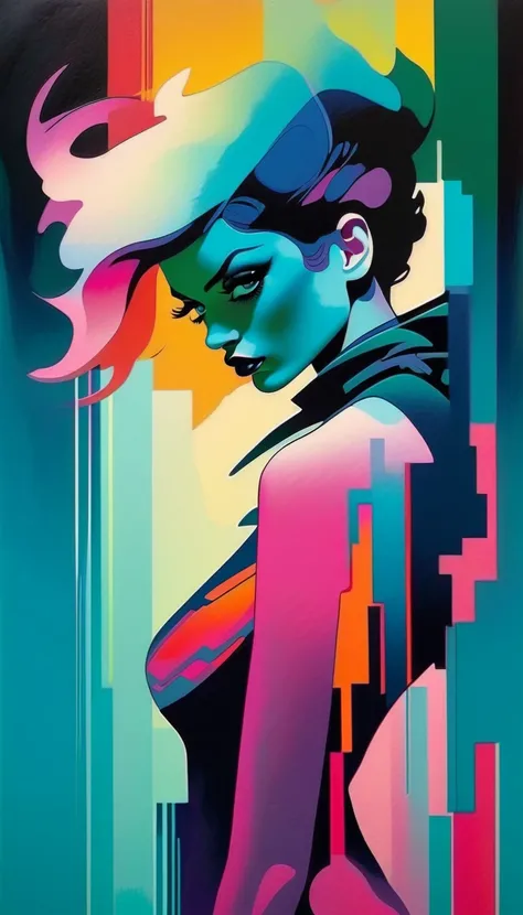 Cyberpunk illustration of a full-body elegant woman from the 1980s, beauty of the concept art of the Riot Games, strange, the fl...