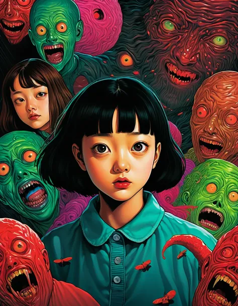 An illustration、art、90s horror movie posters, Supervised by Junji Ito、High detail, Realistic shadows、Analog Style, chromatic abe...