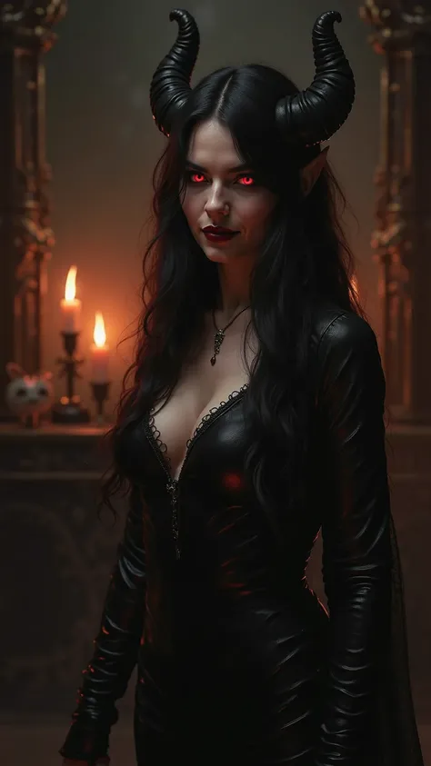 A stunning female demon with piercing red eyes and a wicked smile stands in a dark, candle-lit room. her long black hair cascadi...