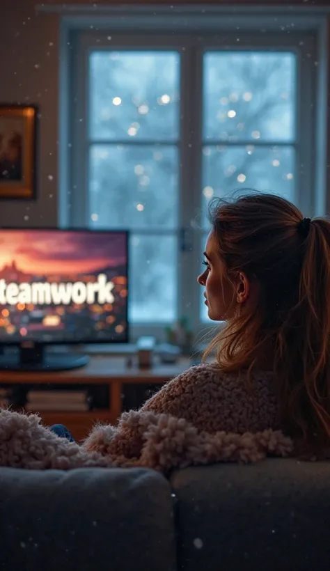  ultra-realistic , photorealistic,  A woman sitting on the couch watching TV on TV has a name Teamwork the name Teamwork you can...