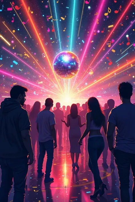 Disco with black lines coming out and colored musical notes