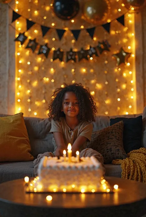 black and gold birthday decoration on the couch, yellow led lights and a curly haired girl sitting and white square cake in fron...