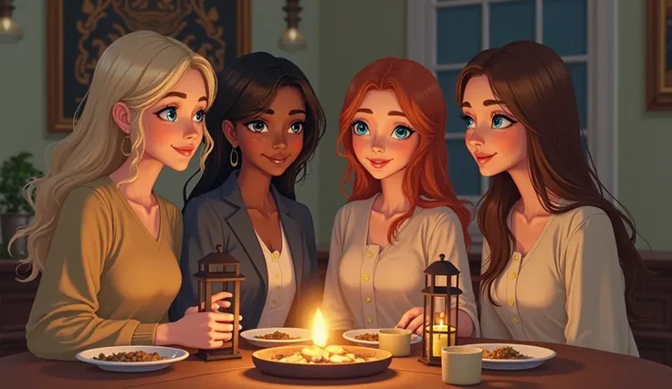 Blue eyed four White women with blonde, brown, ginger, and black hairs wearing modest fashion style celebrating Ramadan by havin...
