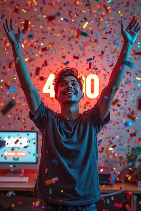 A male celebrating with confetti, with screen showing 4000 subscribers on YouTube.