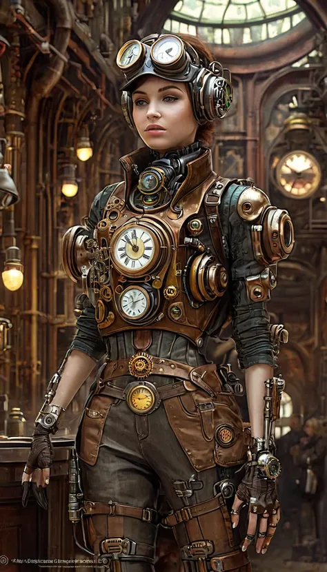 il y a un cyborg à la peau réel mécanique mâle qui a l'apparence d"un enfant avec une horloge entre les pectoraux

steampunk con...