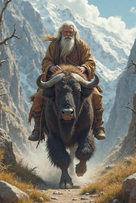 White bearded old man rides big buffalo
