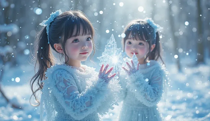 Create realistic, detailed photos, cute Japanese girls with ice on their hands and feet, fingertips and hair tips transformed in...