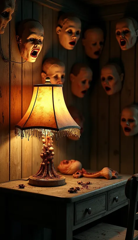 A hyper-realistic, ultra-detailed cinematic depiction of a horrifying scene inside Ed Gein’s farmhouse in 1957. The dim, flicker...
