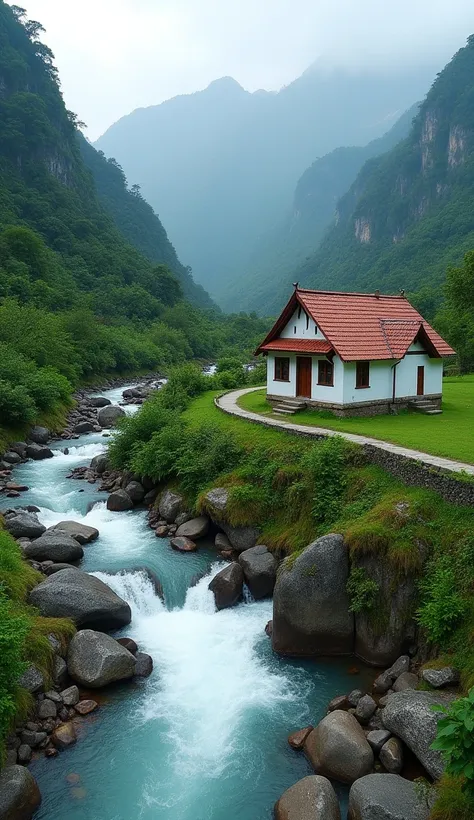 tiny house by the river, roof tile house ,river rocks,torrential river water,mountain background, road  tanah setapak,waterfall ...