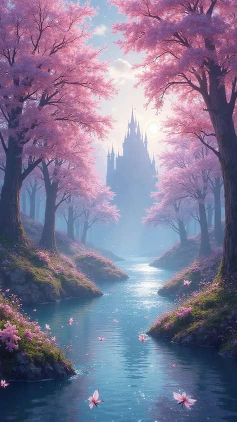 A breathtaking spring fantasy landscape: a glowing enchanted forest with blooming trees in shades of pink, purple, and blue. Sun...