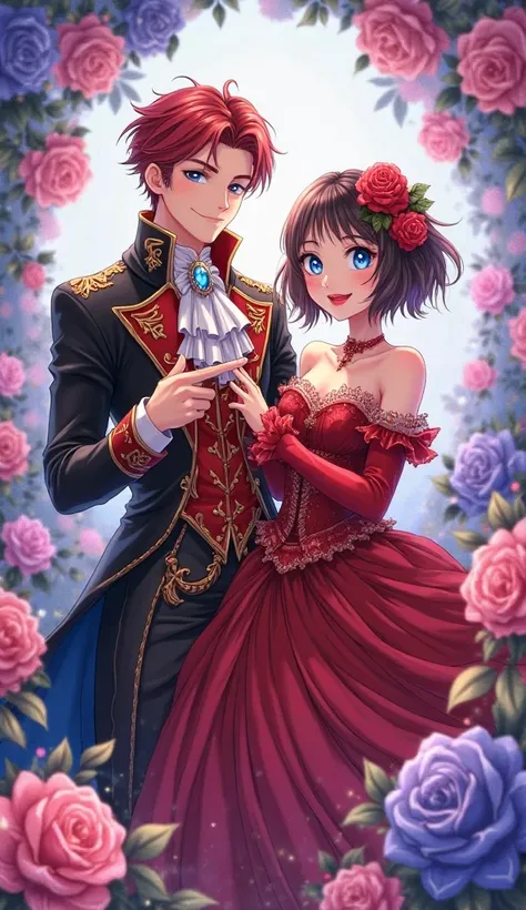 A charming anime-style couple dressed in elegant, fantasy-inspired outfits. The male character has short, slicked-back red hair ...