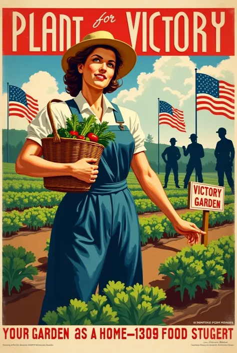 WWII Victory Garden Propaganda Poster:

Headline:
“Plant for Victory!”

Visual Elements:
	•	A bright, patriotic color palette (r...