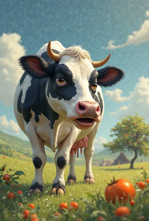 The Cow Cries:
When the cow sees the broken tree and missing fruits, she becomes very sad and starts crying.