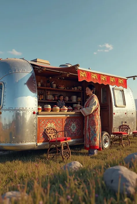"Ultra-detailed realistic depiction of a vintage silver Airstream trailer with a mirrored aluminum exterior parked on a grassy f...