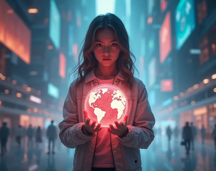 Girl holding a globe, standing at the forefront of a digital revolution. 