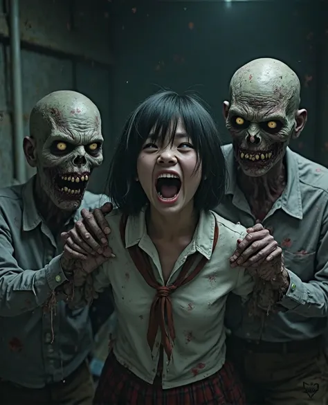 An image of three zombies grabbing the arms and legs of a Japanese schoolgirl, holding her down to prevent her from escaping. Sh...