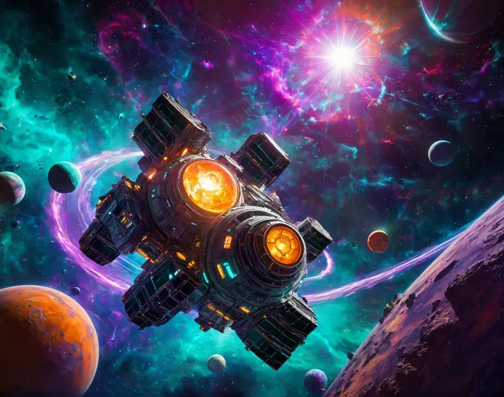 Wide-angle view of colossal futuristic space station orbiting gas giant planet, towering crystalline structures with biomechanic...