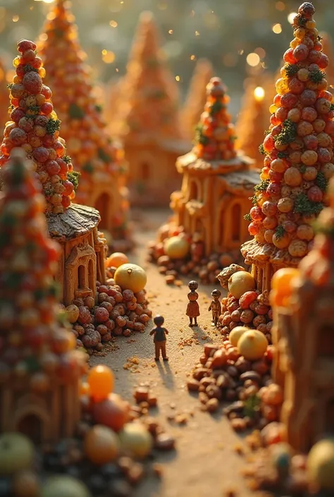 "A whimsical miniature city built entirely from dried fruits, with tiny figures moving inside. Some are constructing houses made...