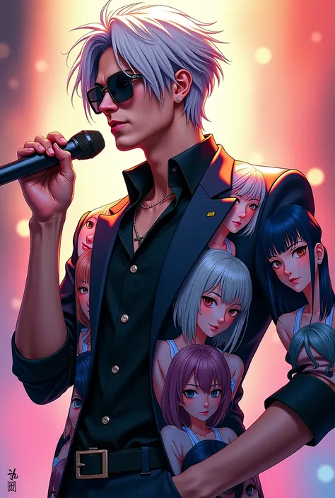 This picture is a 2D and SD character 
A man with silver hair and Asperm is wearing sunglasses, he is holding a microphone, and ...