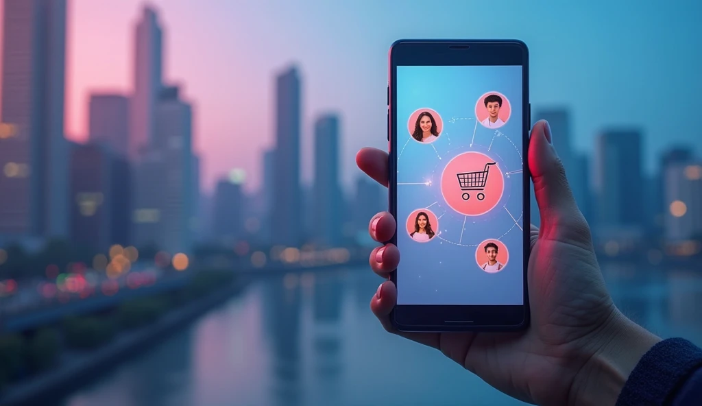 Same as generated image 1, A hand holding a cell phone with an e-commerce on the screen and some circles with the faces of peopl...