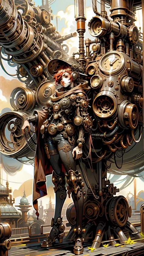 Sexy redhead female with a steampunk aesthetic, dusky skin, and a royal appearance, wearing a helmet. A full-body view from top ...