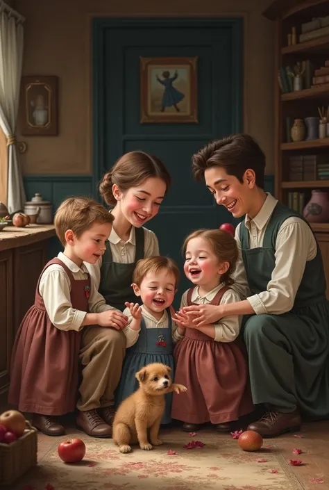 Create for me an image of a working-class family with 5 19th century ren playing with each other 