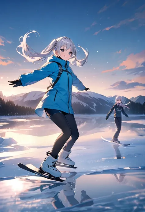  long silver hair 、beautiful girl with twin tails、smile、skate on an icy lake， spin and jump gracefully 。 exterior：The silvery ha...